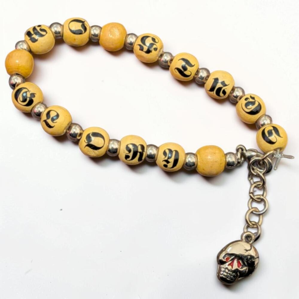Vintage Ed Hardy Death Or Glory Skull Charm Wood Bead Bracelet Y2K Biker Punk